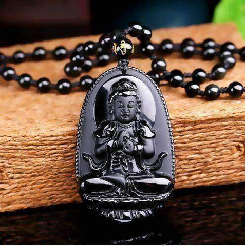 Image of Natural Black Obsidian Carved Buddha Lucky Amulet