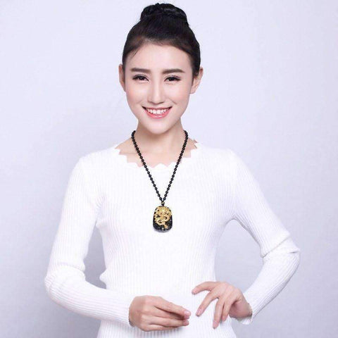 Image of Gold Natural Black Obsidian Dragon Lucky Amulet