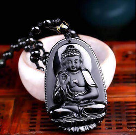 Natural Black Obsidian Carved Buddha Lucky Amulet