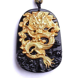 Gold Natural Black Obsidian Dragon Lucky Amulet
